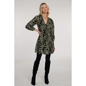 Elizabeth James Libby Dress Sprig $338 L EUC Black Green Floral Long Sleeve